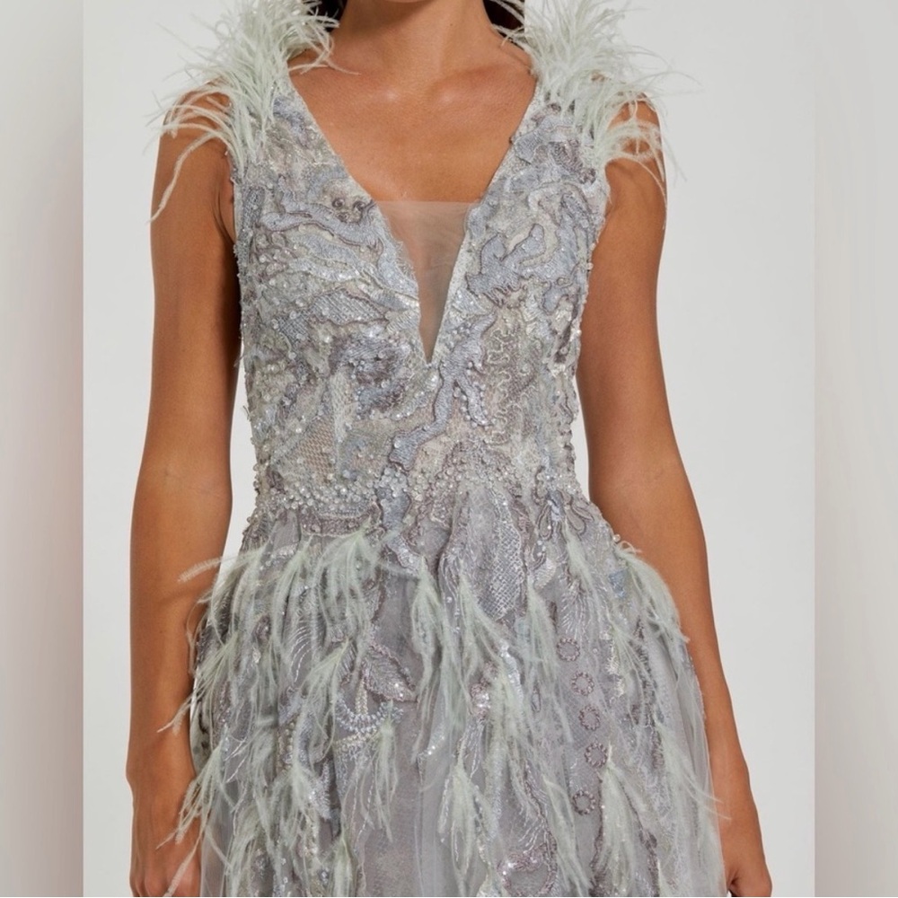 MacDuggal Seamist Feathered Embroidered Gown - Size 10 - Picture 7 of 15